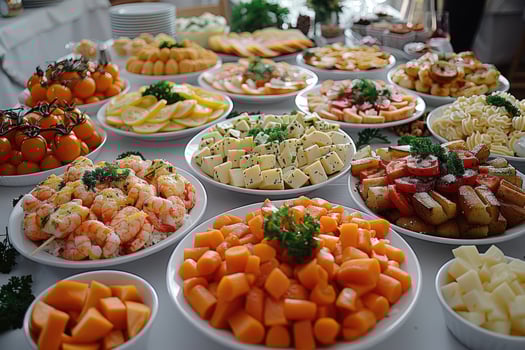 luxurious decoration of white tablecloths with lots of finger food prepared professional advertising food photography photo