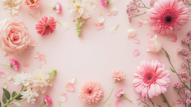 AI generated Rose flowers top view, floral background, free space photo