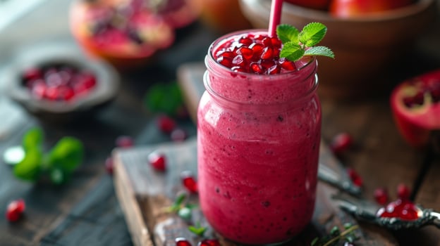 AI generated Pomegranate smoothie in the jar, healthy food, realistic photo