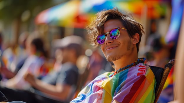 A happy smile young disabled man wearing a rainbow colored shirt and colorful glasses at a pride parade photo