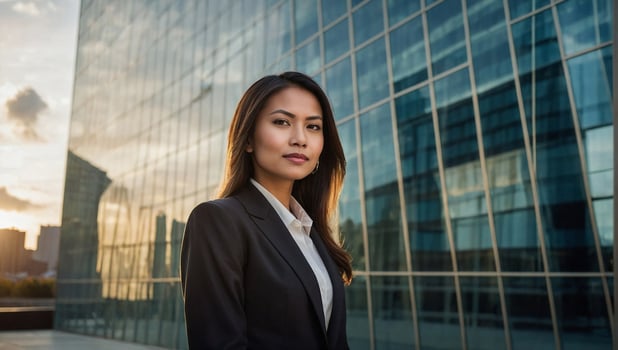 Woman in a business suit stands adjacent to an expansive business center with towering glass walls photo