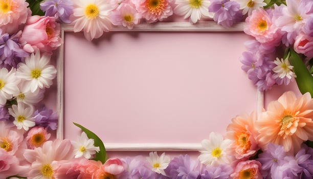 spring flowers background with frame on pink background photo