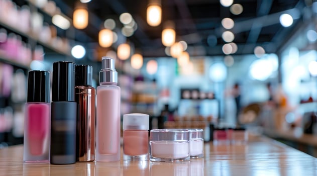 Cosmetics products on table inside shop. photo