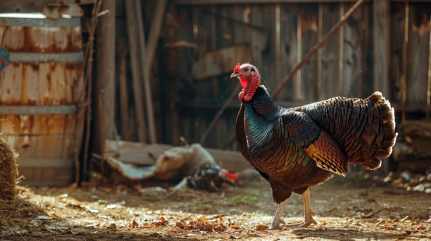 Wild turkey walks a rustic farmyard. photo