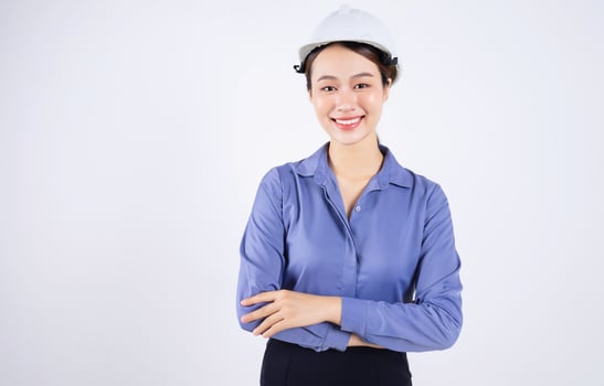 Photo of young Asian businesswoman on white background