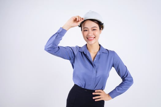 Photo of young Asian businesswoman on white background