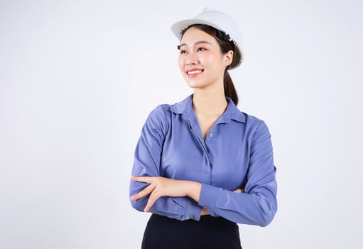 Photo of young Asian businesswoman on white background