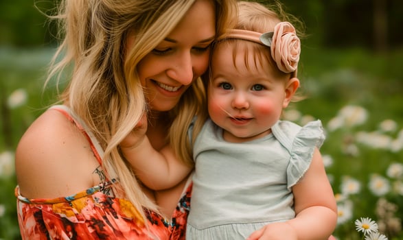 Floral Embrace - Joyful Mother and Baby Girl in a Blooming Meadow photo