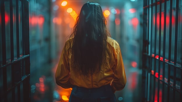A woman standing in a dimly lit prison cell at night. photo