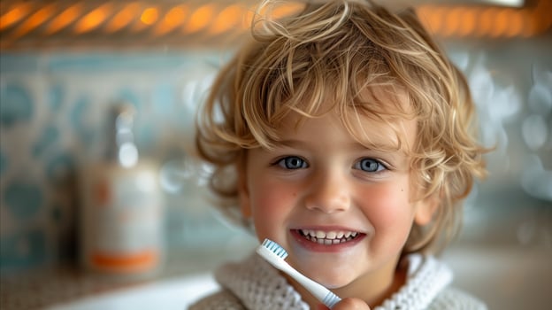 Smiling Young Boy Holding Toothbrush in Bright Bathroom photo