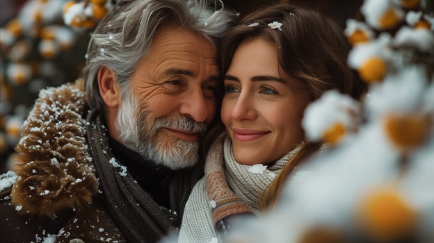 Smiling Couple Embracing in Snowy Winter Scene photo