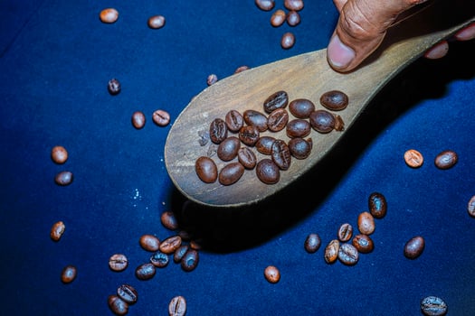Black coffee beans are seen close up with a wooden spoon on a black cloth. photo