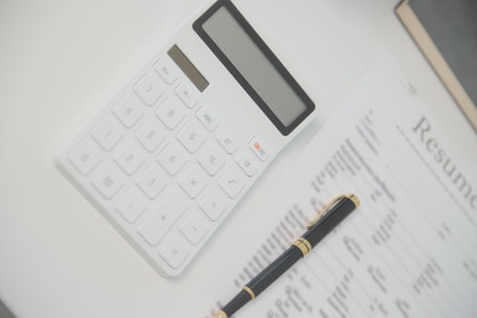 Close up view of job interview in office, focus on resume writing tips, employer reviewing good cv of prepared skilled applicant, recruiter considering application, hr manager making hiring decision photo