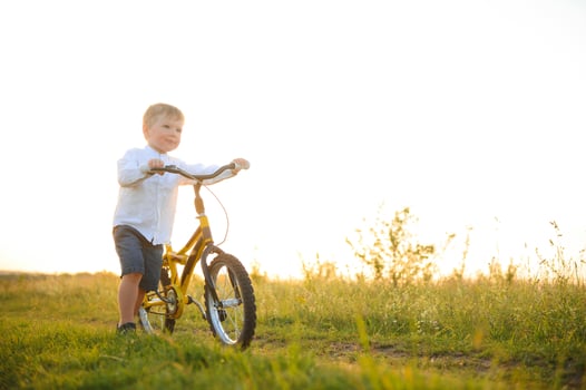 A handsome boy with bicycle in the summer field. photo