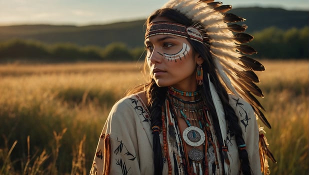 Native american girl in traditional dress decorative headband with feathers detailed face paint standing in a serene prairie surrounded by tall grass and wildflowers photo