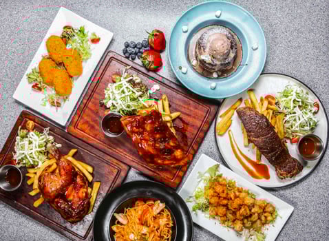 bbq pork ribs, bbq spring chicken, American Beef Wing, Spaghetti with Seafood Lobster Sauce, Crispy Chicken Cartilage, Cheese Cream Crab Cakes, Espresso Chocolate Hot Cake top view of hong kong food photo