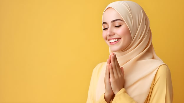 European woman wearing scarf is praying and smiling on yellow background photo