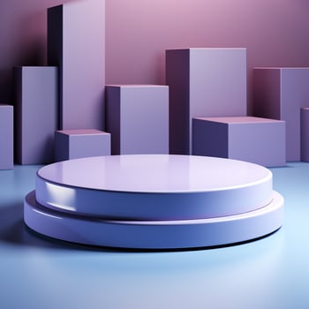 AI generated Bright violet interior scene with round pedestal and light of the window photo