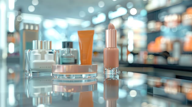 Cosmetics products on table inside shop. photo