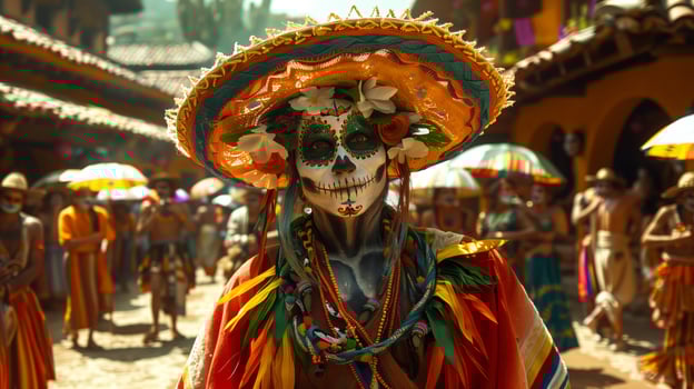 Portrait of a woman wearing mexican hat and skull paint makeup greets people at the Mexican cinco de mayo festival photo