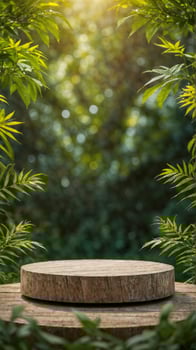 luxurious Platform and podium background on nature and monstera leaves for product stand display advertising cosmetic beauty products or skincare with empty round stage photo