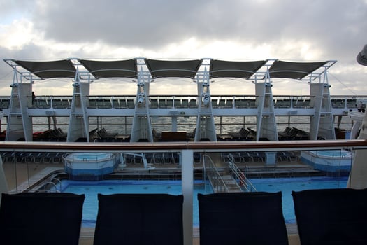 On the upper deck of a large ocean liner. photo