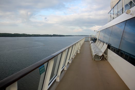 On the upper deck of a large ocean liner. photo
