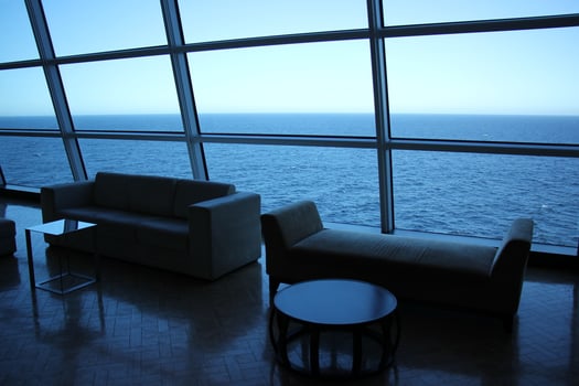 On the upper deck of a large ocean liner. photo
