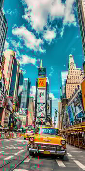 AI generated Vintage Yellow Taxi in Busy City Street photo