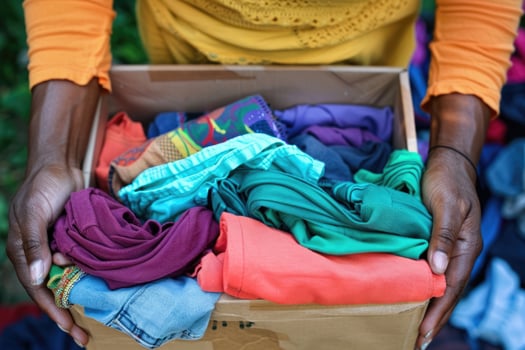 AI generated Volunteer holding a clothes donation box. Charity. Help for people in need photo