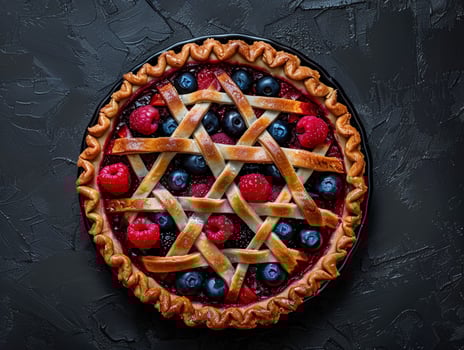 Berry pie filled with raspberries and blueberries, decorated with a mesh of dough. Texture background. Aesthetic photo
