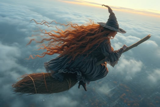 A witch flying on a broom over the clouds photo