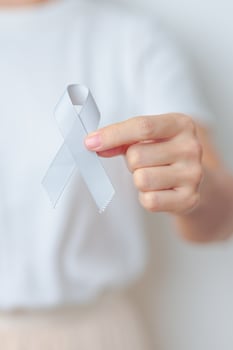 Brain Cancer Awareness May month, woman with grey color Ribbon for supporting life people. Healthcare and World cancer day concept photo
