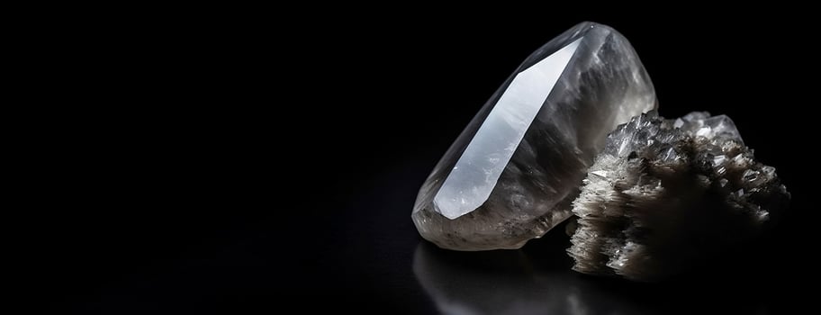 Quartz is a rare precious natural stone on a black background. . Header banner mockup with space. photo