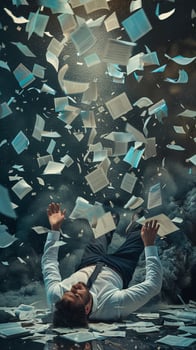 AI generated AI Generated exhausted businessman lying down on the ground with huge of flying documents and paper. photo