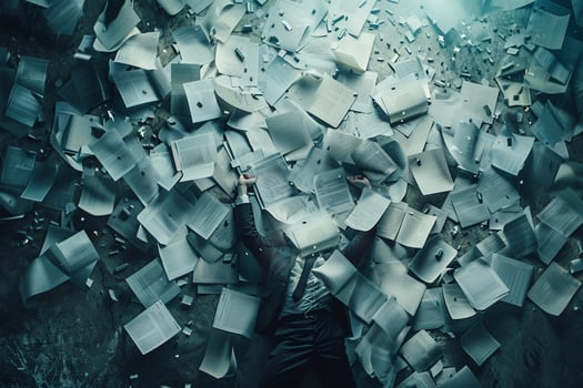 AI generated AI Generated exhausted businessman lying down on the ground with huge of flying documents and paper. photo