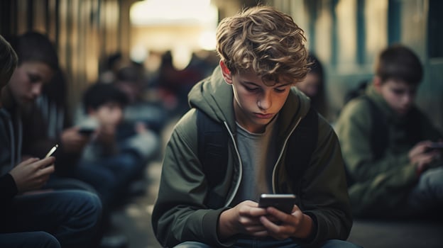 AI generated Young boy engrossed in his smartphone, sitting on the ground with other teenagers focused on their devices. Concept of digital age isolation. photo