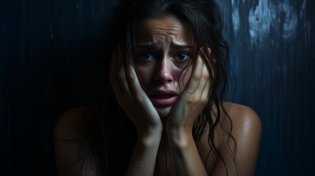 AI generated Young woman in despair with tearful eyes and hands on her face against a dark background. Concept of emotional turmoil and mental health. photo
