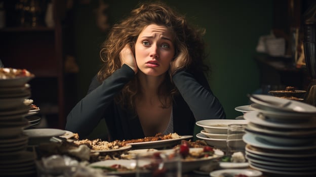 AI generated Overwhelmed young woman at table with stacked dirty dishes. Stress and household chores concept. Design for articles, blogs. photo