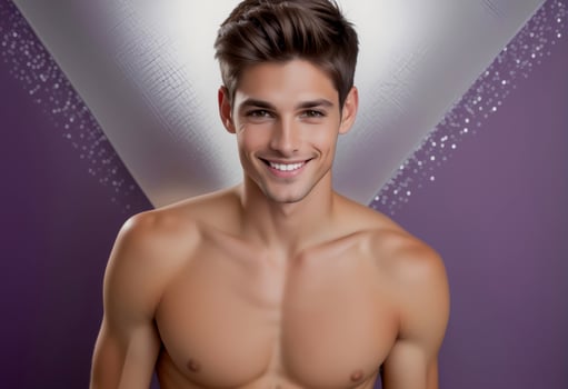 AI generated Cheerful young Caucasian male with a bright smile, posing shirtless against a purple backdrop, conveying concepts of fitness, health, and beauty photo