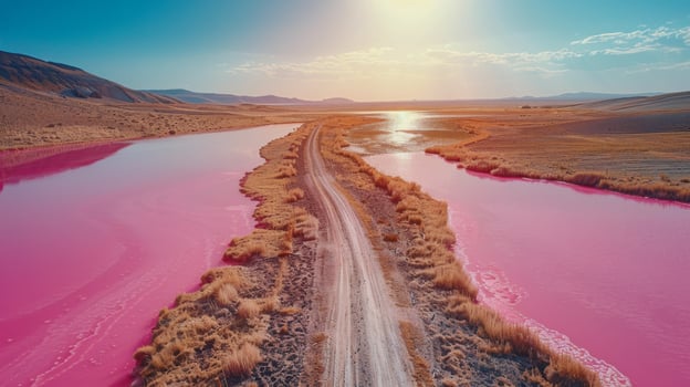 AI generated Aerial View of Pink Lake With Road photo