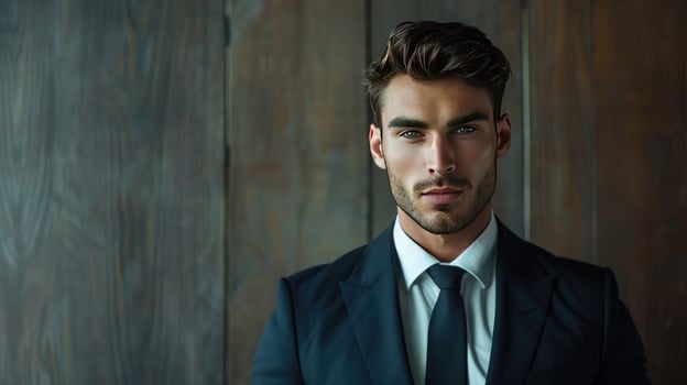 Portrait of handsome businessman in suit looking at camera while standing in office photo