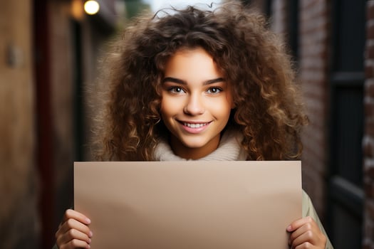 A girl with afro curls holds a blank paper with a mockup in her hands. A person with a white banner on the street. photo