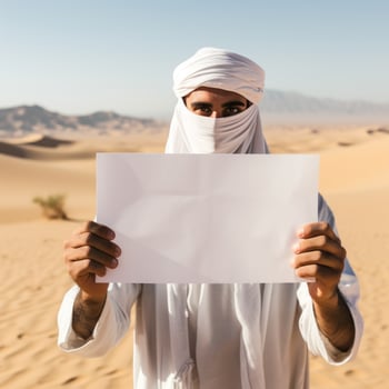 man hold empty paper ondesert morning photo