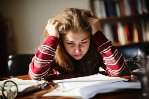 A frustrated girl doing homework. photo