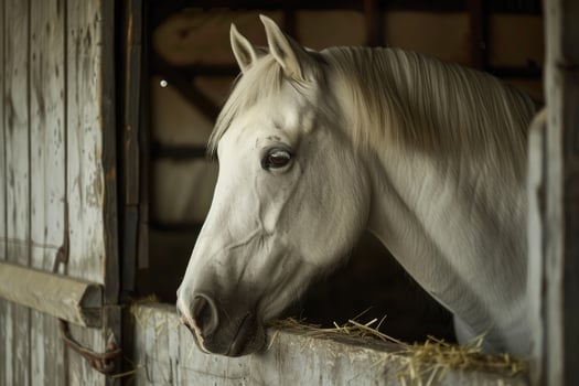 Close-up of a white horse inside his stable photo