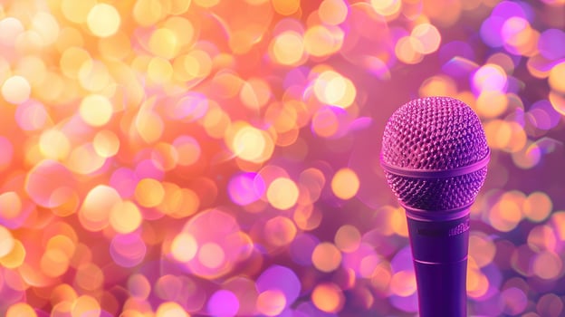 Microphone on stage with purple glitter light. Microphone for speech singing karaoke party photo