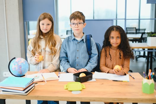 Education is power when selecting food for health. Happy kids take snack break. Nutrition and health education. Healthy eating. Formal education. Private teaching. Education and study photo