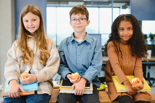Education is power when selecting food for health. Happy kids take snack break. Nutrition and health education. Healthy eating. Formal education. Private teaching. Education and study photo