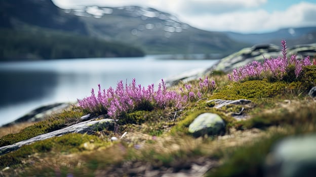 Norwegian fjord. Rock with heather or lavender on mountain background and the sea. Water and natural background. photo